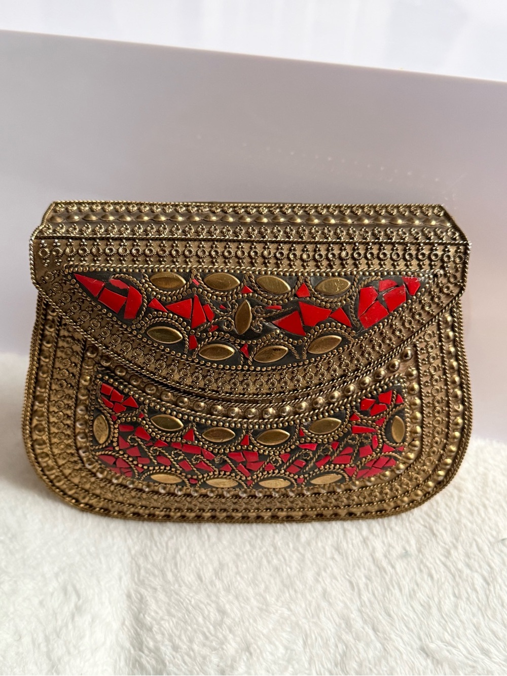 Afghan Gold-Tone Mosaic Accent Metal Clutch with Red Inlay